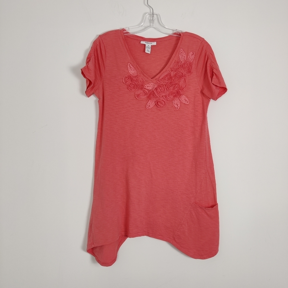 Style & Co Women's 3D Floral Tunic T-shirt Dress in Coral Size Medium Lagenlook